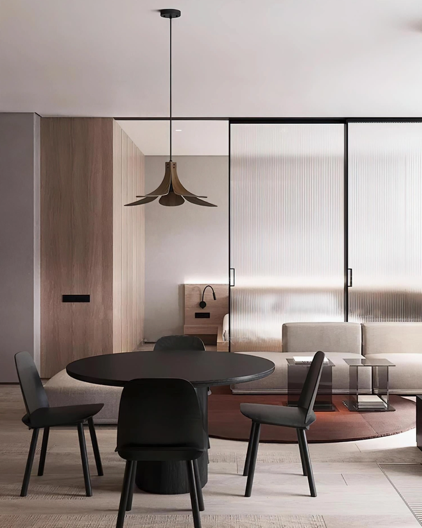 Petanova petal wood pendant lamp in contemporary apartment dining room minimalist sleek decor