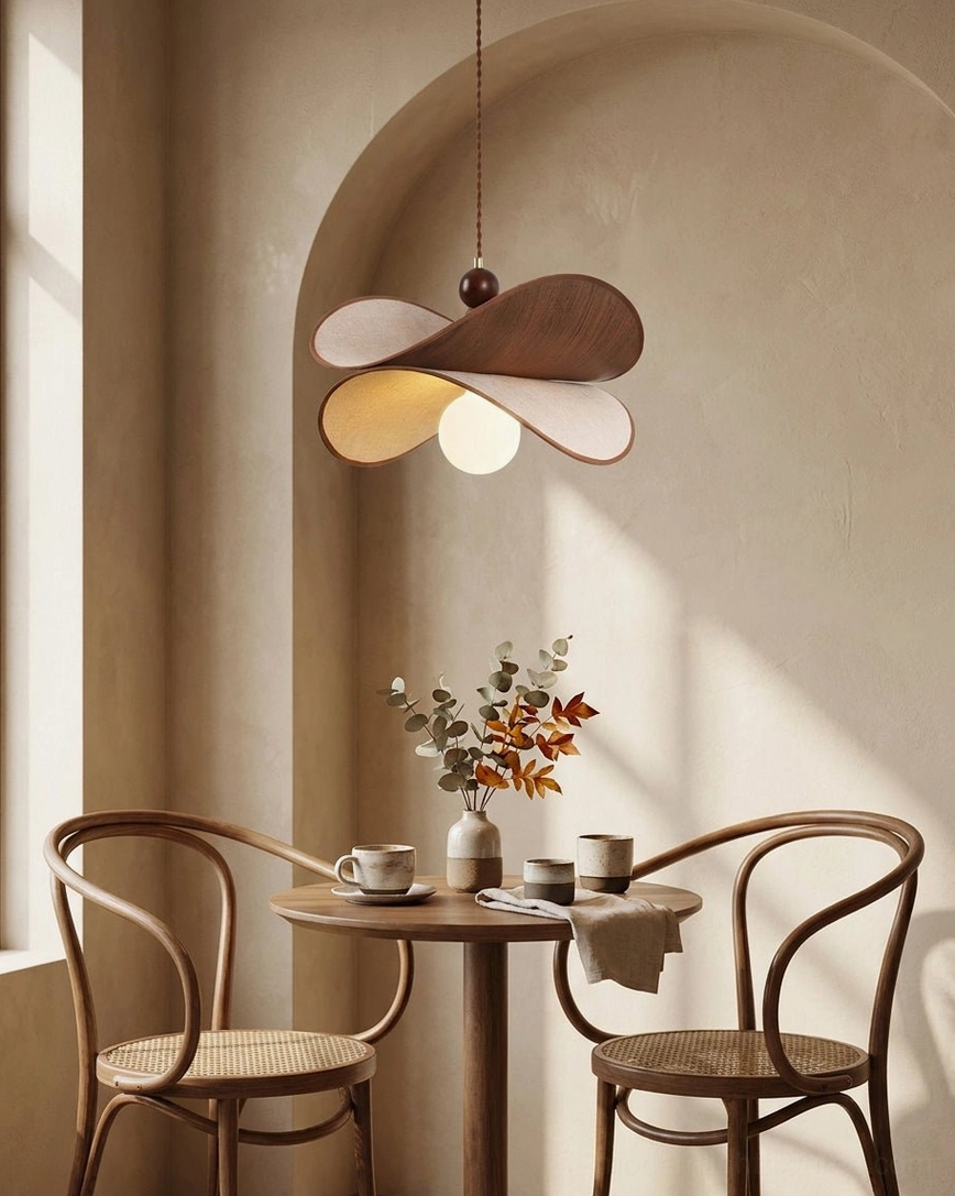 Petavin sculptural pendant light over dining nook with bentwood chairs and arched wall accent, side view
