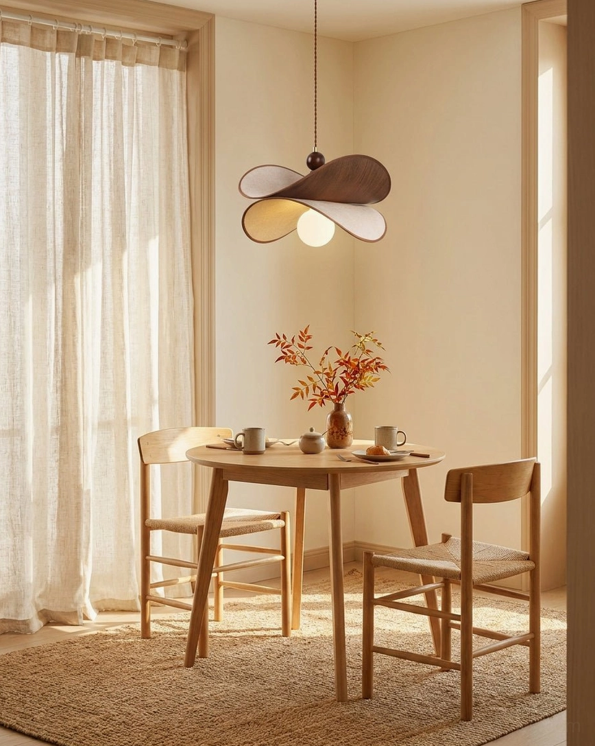 Petavin four-petal pendant light hung above wooden dining table in Japanese-style dining room with sheer curtains