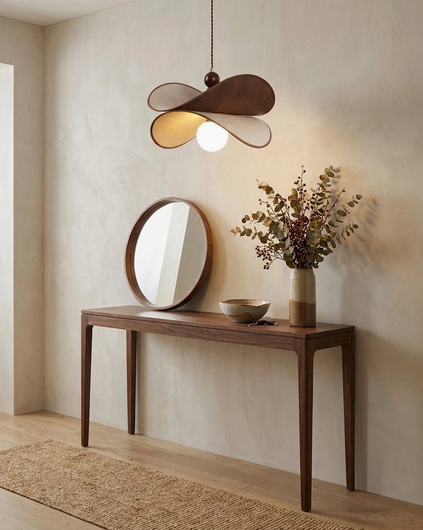 Petavin four-petal pendant light above wooden console vanity with round mirror and floral table decor in entryway