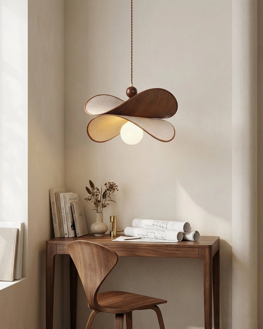 Petavin sculptural pendant light above home office desk workspace with books and wooden dining chair