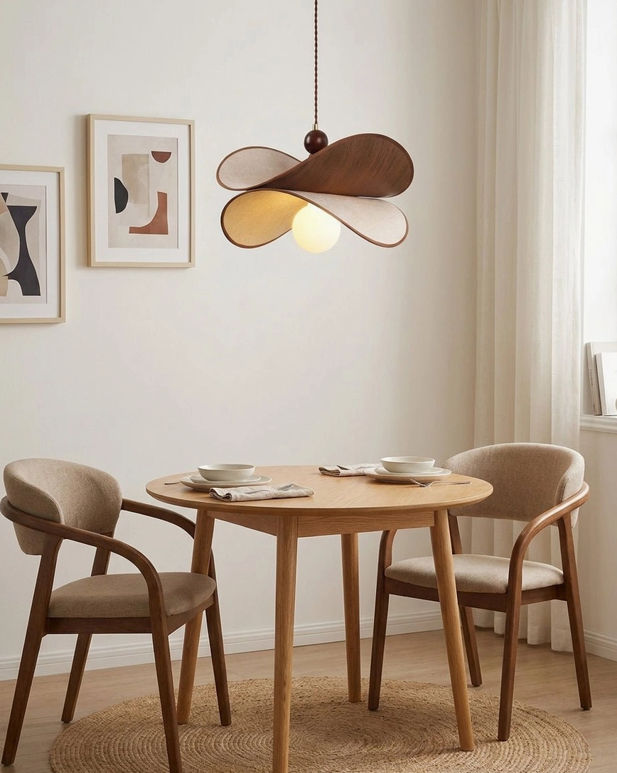 Petavin sculptural pendant light above round wooden dining table with wall art and upholstered dining chairs