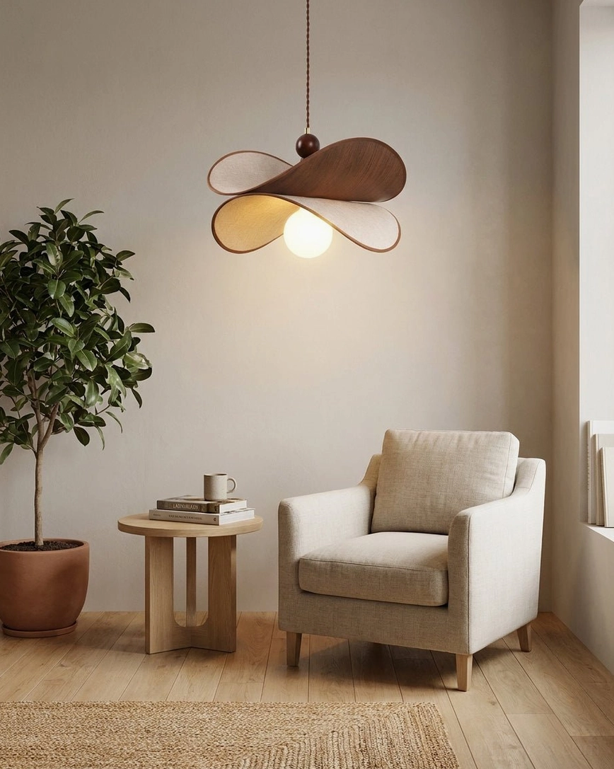 Petavin four-petal pendant light in minimalist living room with upholstered armchair and potted plant decor