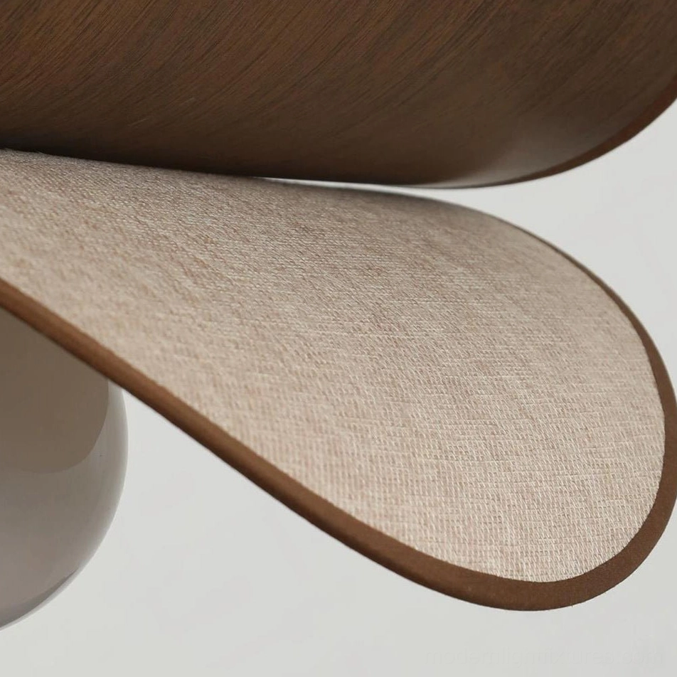 Petavin four-petal sculptural pendant light showing walnut and cream linen petal construction with globe bulb, product overview