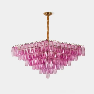 Petralyn tiered crystal chandelier front view with pink faceted glass prisms and brass hardware on white background