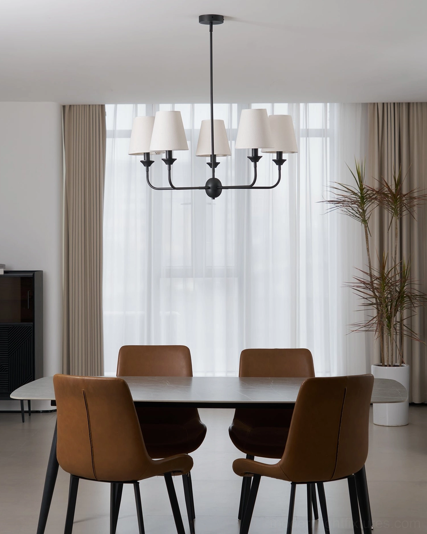 Piaf 5-arm chandelier with fabric shades studio detail - product photography