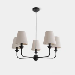 Piaf modern 5-arm fabric chandelier with matte black metal frame and tapered white shades - front view studio lighting