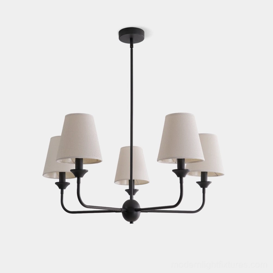 Piaf modern 5-arm fabric chandelier with matte black metal frame and tapered white shades - front view studio lighting
