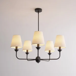Piaf large chandelier illuminated showing warm white light diffusion through fabric shades