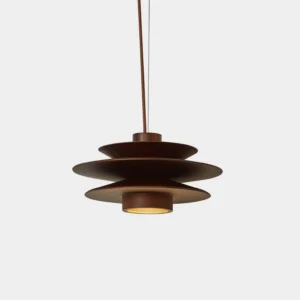 Picasso tiered wood disc pendant light with dark walnut finish, front close-up studio shot showing stacked geometric disc architecture