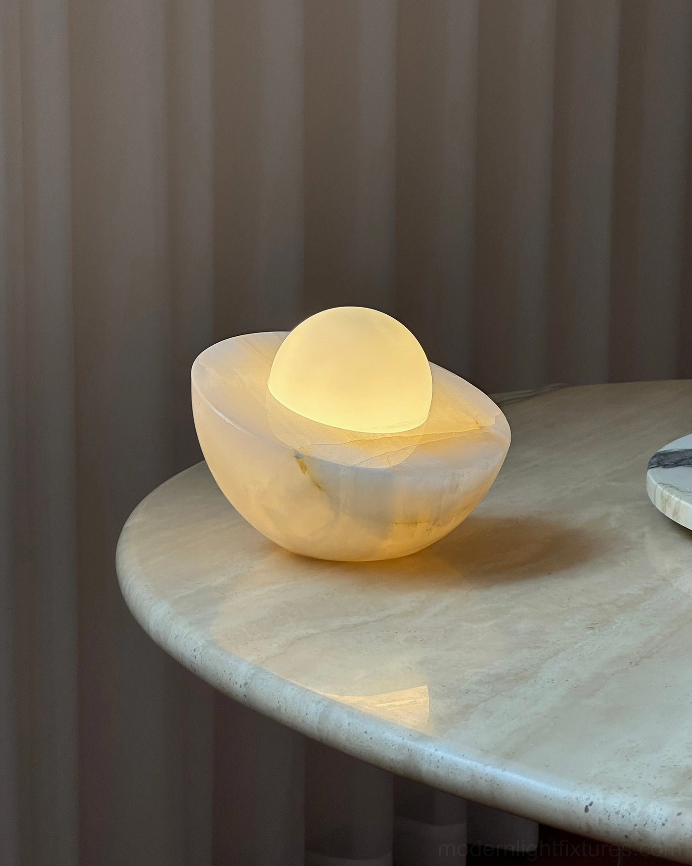 Piccola natural onyx table lamp modern minimalist design with frosted glass orb diffuser bedside setting