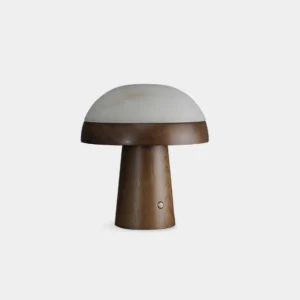 Pico Mushroom Table Lamp with walnut wood base and white alabaster shade - modern minimalist table lamp front view studio shot