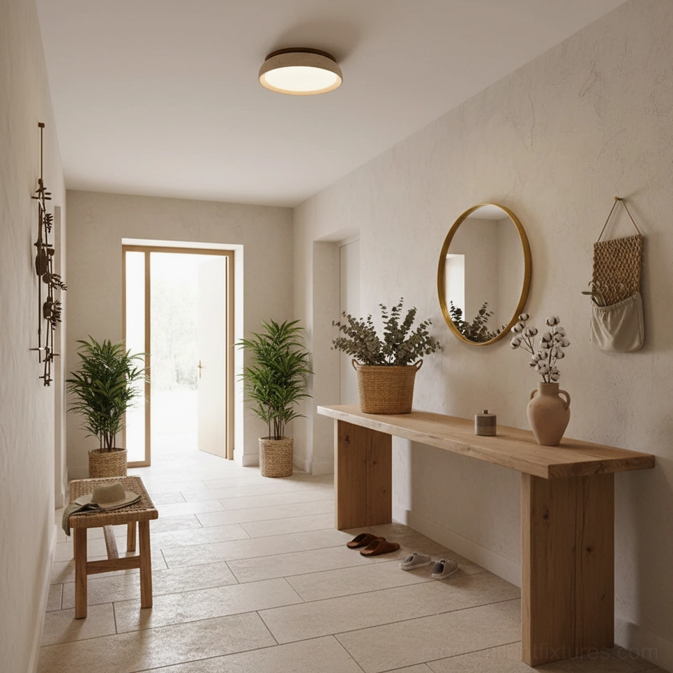 Natural travertine stone ceiling light fixture front view showing rounded shape and material texture