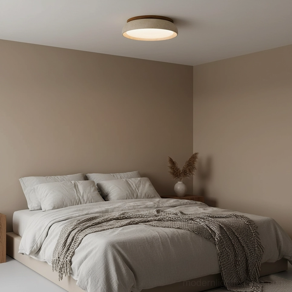 Piedra travertine ceiling light showing natural stone authenticity and warm wood finish detail
