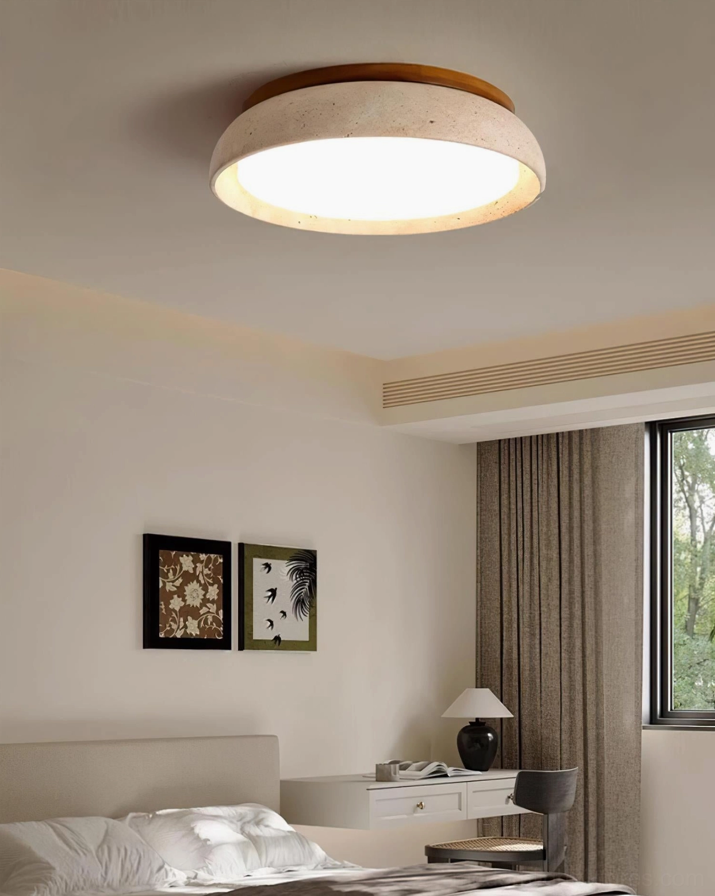 Piedra travertine ceiling light installed in residential space showing proportional scale