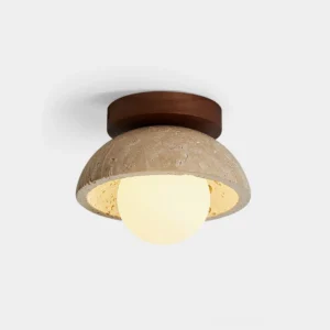 Piedra natural travertine ceiling light fixture with opal glass globe and wood canopy, front studio view