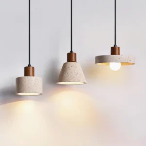 Three piece Pienza travertine pendant light set - walnut wood and beige stone with warm illumination