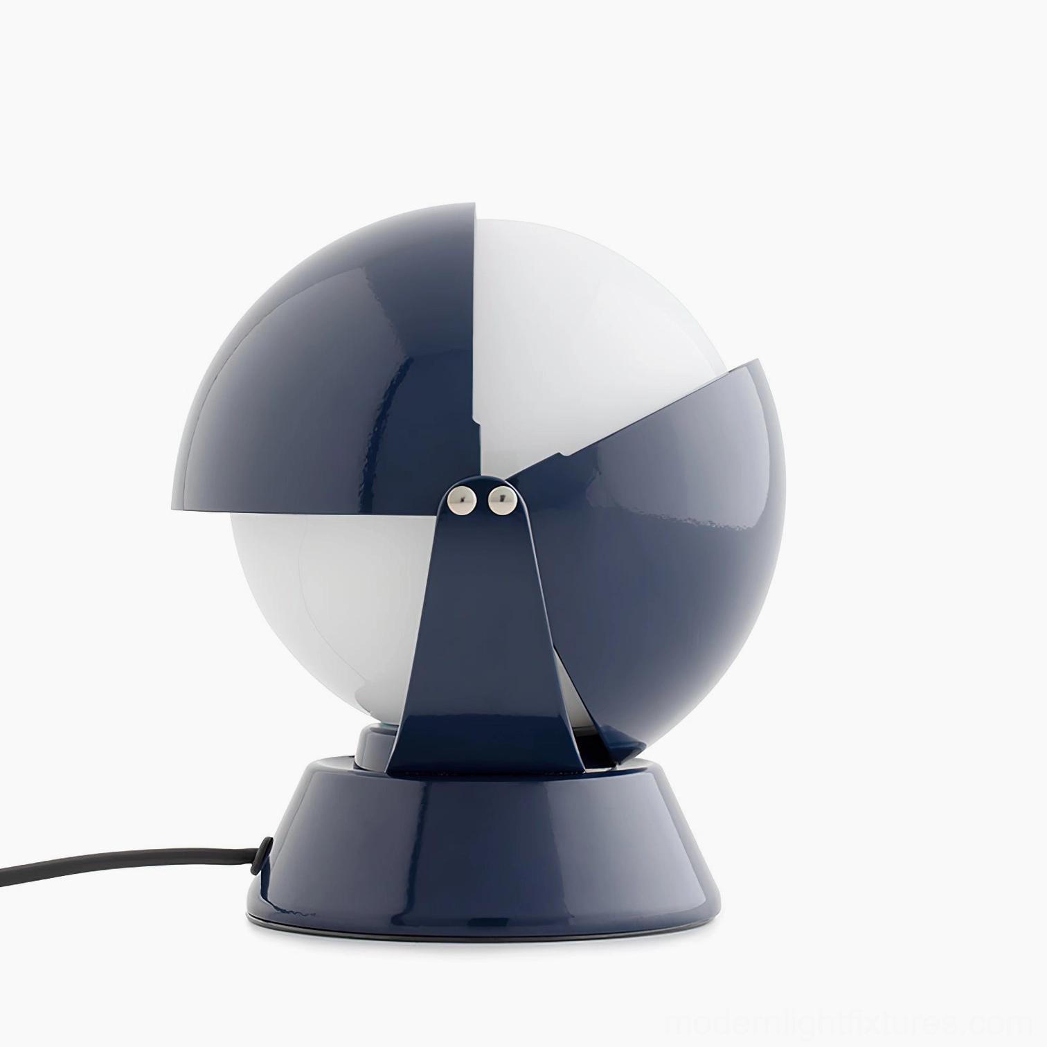 Pileino navy blue and white split-sphere table lamp front three-quarter view with metal base and power cable