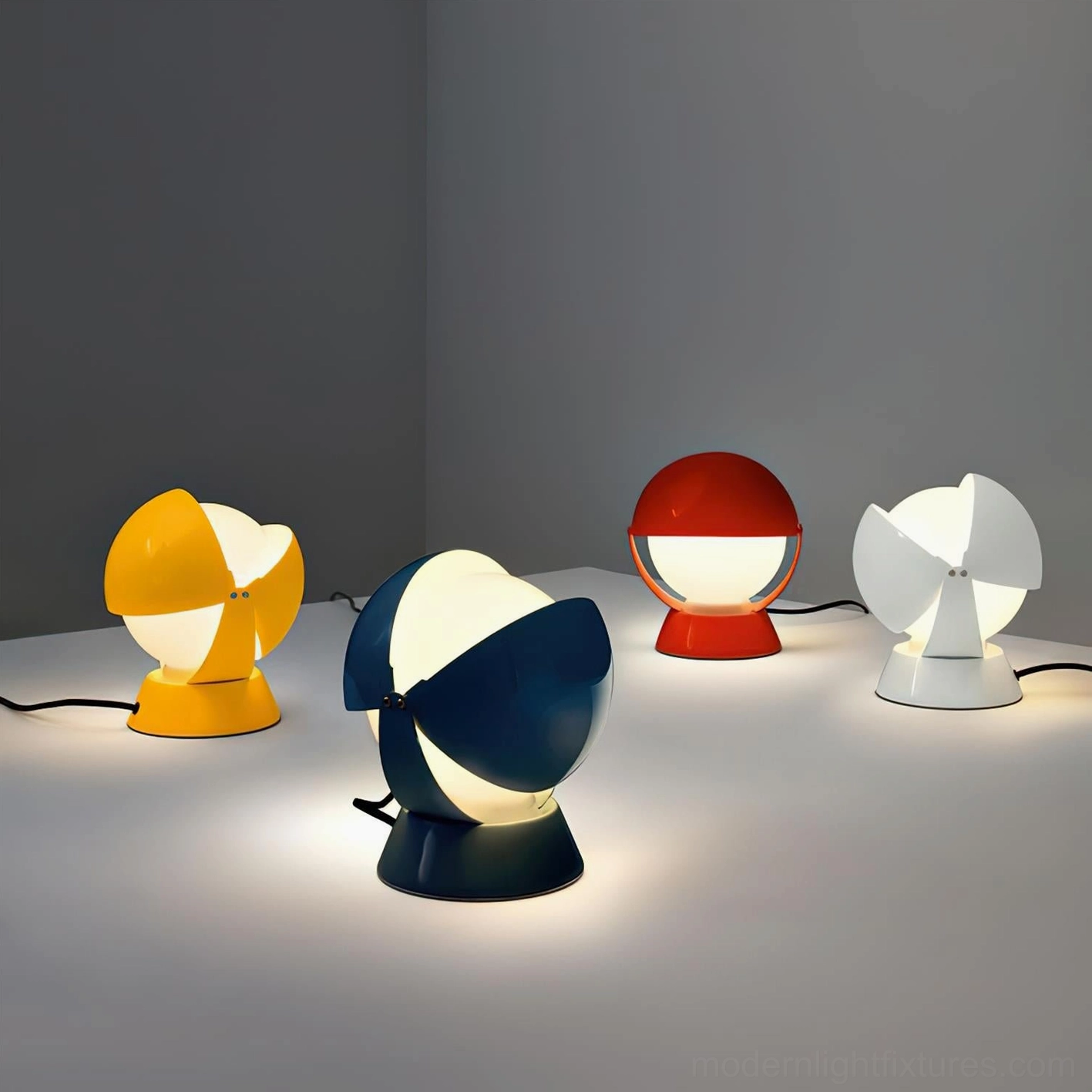 Overhead view of illuminated Pileino table lamp on home desktop in compact size with warm light glow