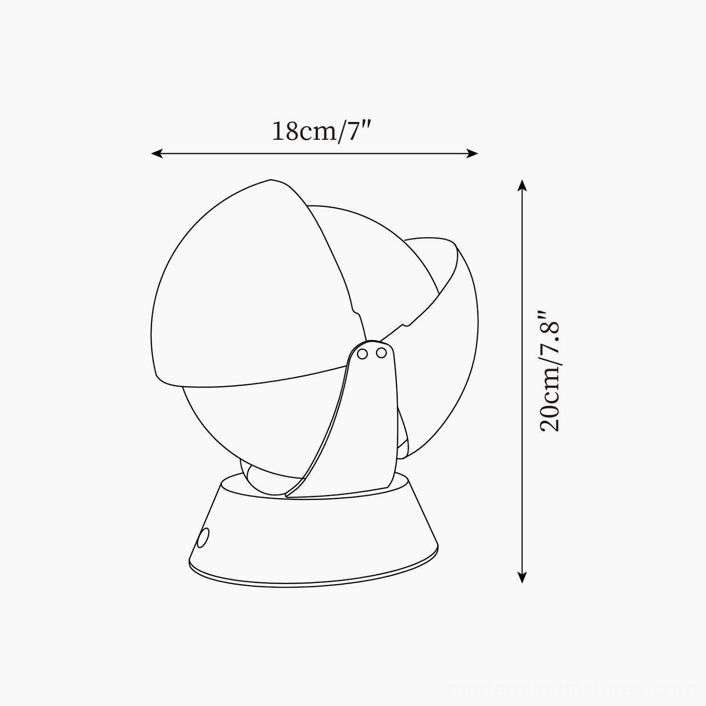 Pileino table lamp technical schematic drawing showing dimensions 18cm width and 20cm height
