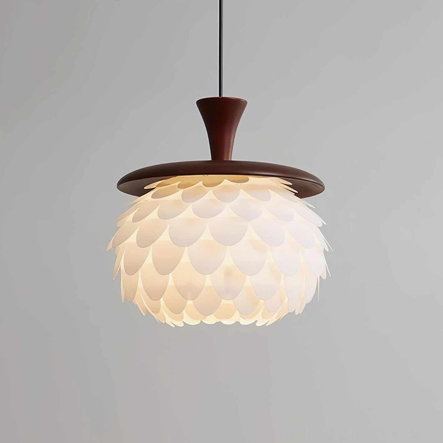Pinecone pendant light installation in residential ceiling showing adjustable wire suspension and mounting hardware