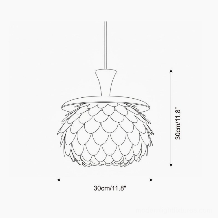 Technical orthographic line drawing of pinecone pendant light showing 30cm dimensions and layered petal silhouette design specification