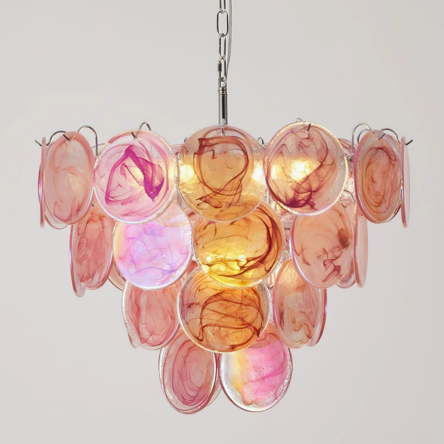 Pink amber gradient swirled marbled glass disc chandelier hand-formed design front view