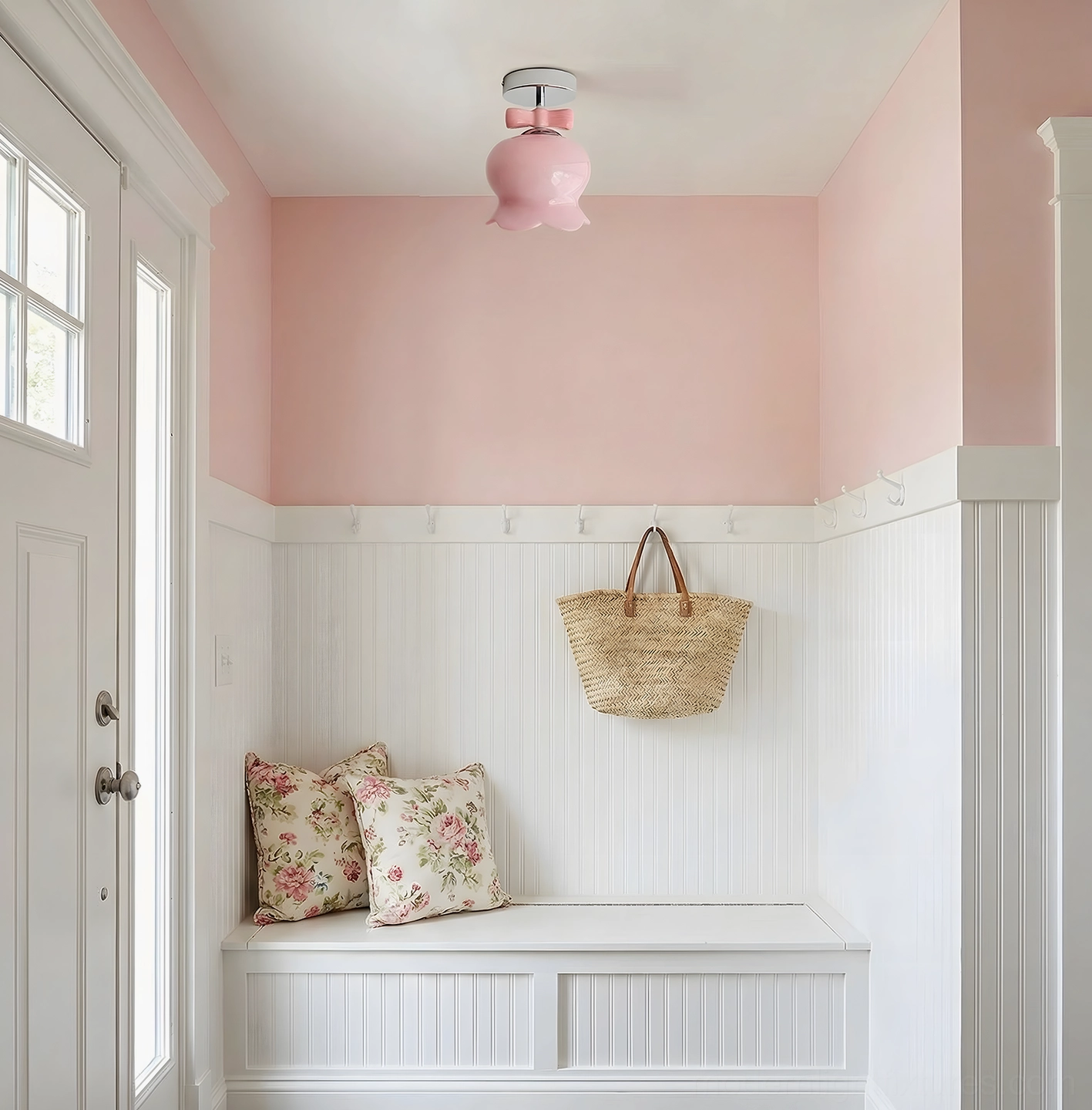 Pink glass bell ceiling light fixture in cottagecore-style entryway nook with pink and white paneled walls creating cozy home aesthetic