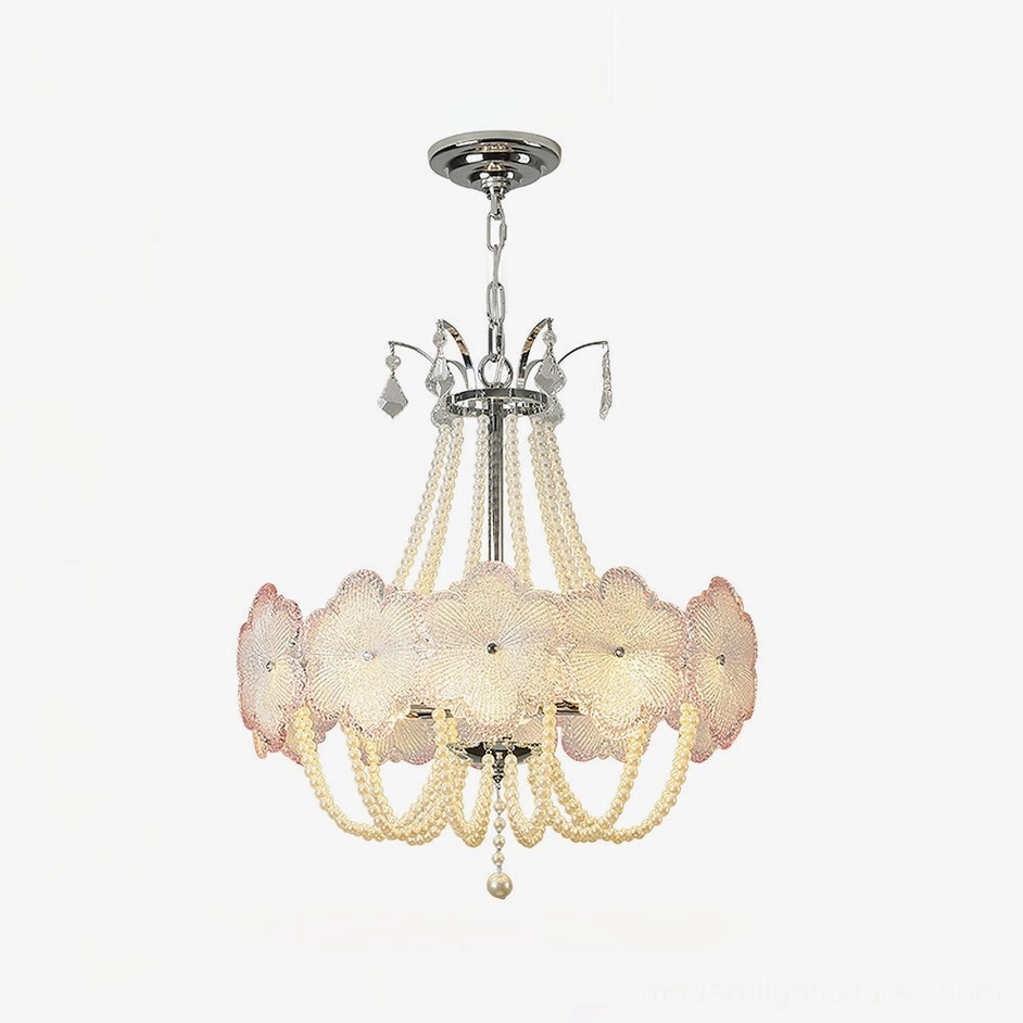 Pink botanical flower glass chandelier hanging fixture in elegant interior space