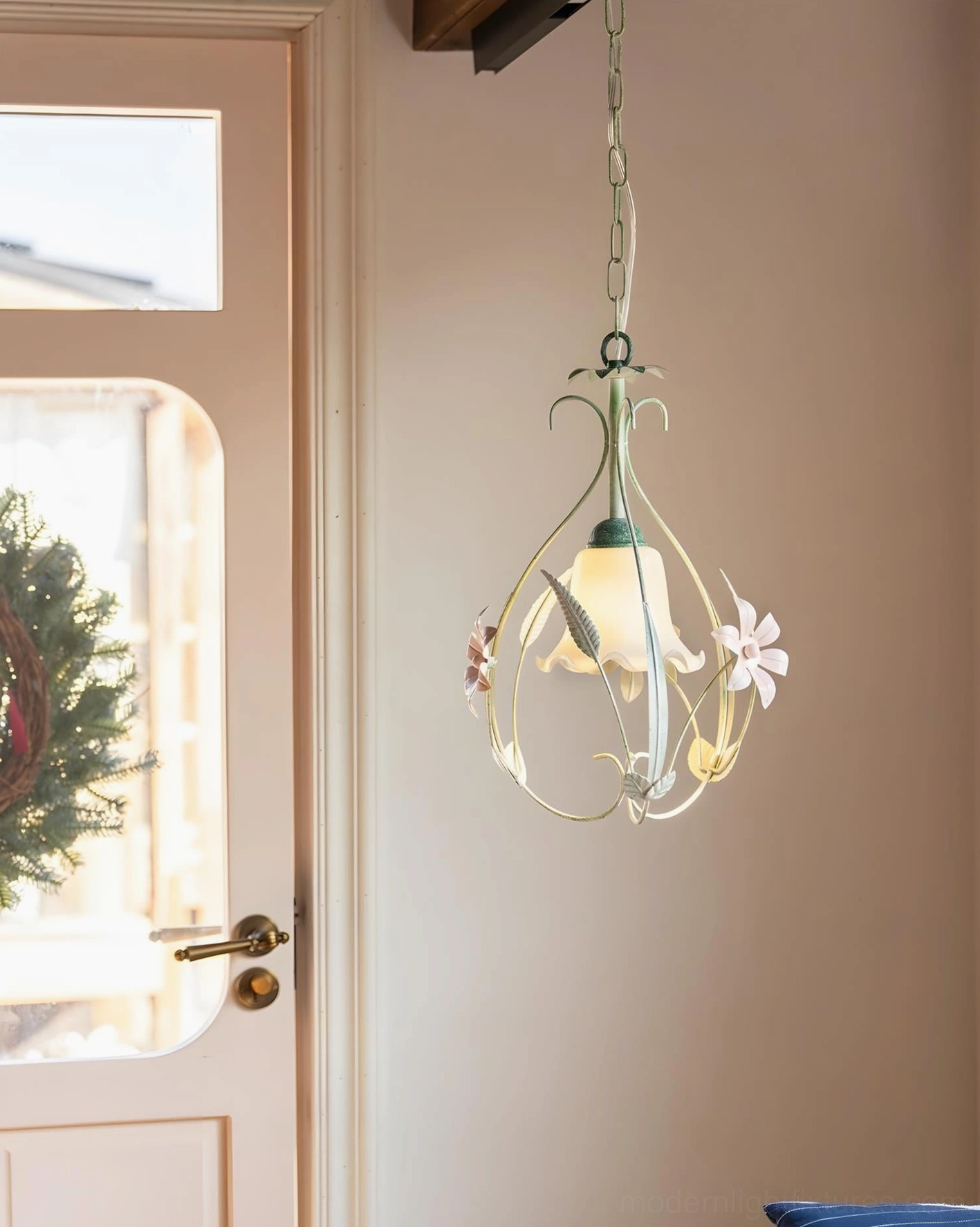 Pink botanical pendant light variant with hand-painted floral accents and delicate metal foliage frame detail