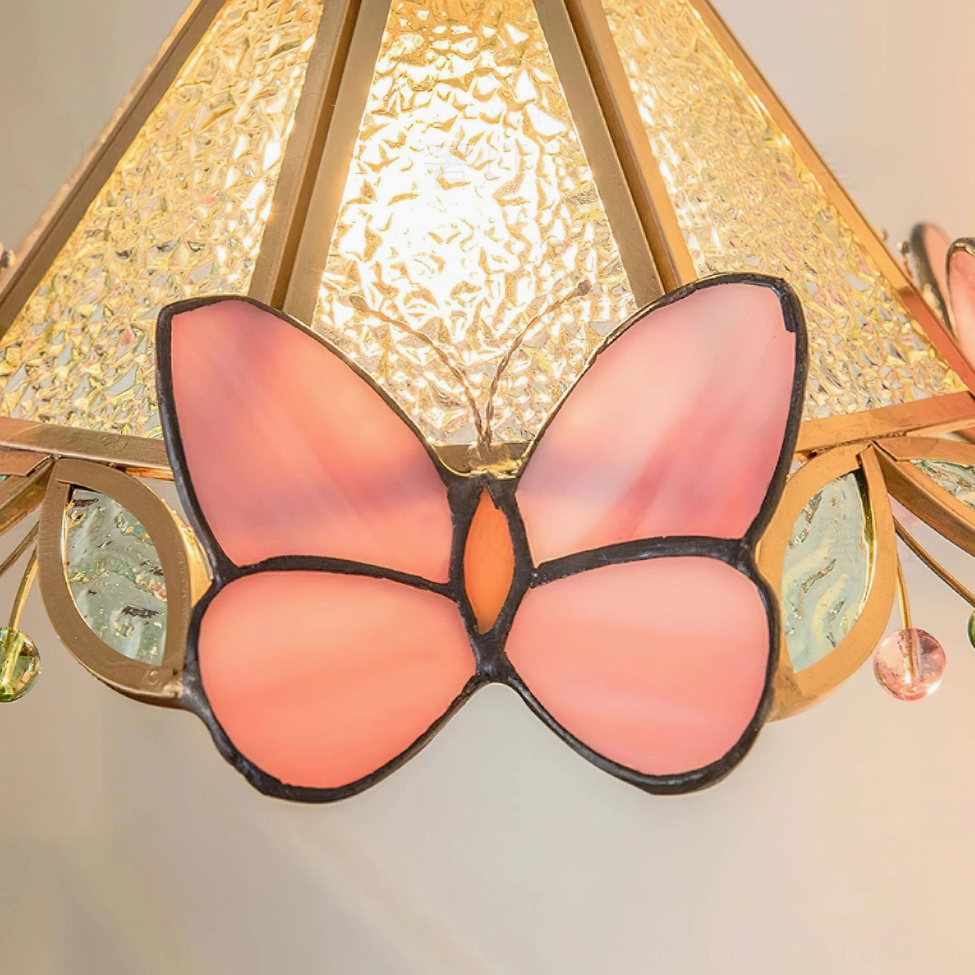 Pink Butterfly Tiffany stained glass pendant light artistic design perfect for bohemian and vintage interiors