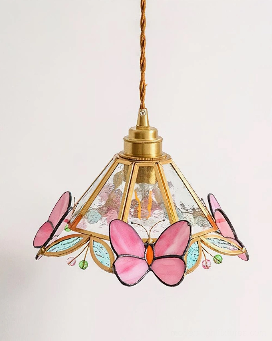 Pink Butterfly Tiffany stained glass pendant light with central pink butterfly and brass hardware