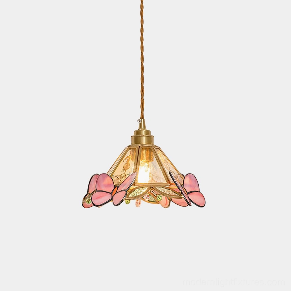 Pink Butterfly Tiffany Stained Glass Pendant Light - front view with brass hardware and frosted glass shade