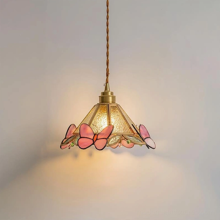 Pink Butterfly Tiffany Stained Glass Pendant Light artistic detail showcasing glass craftsmanship