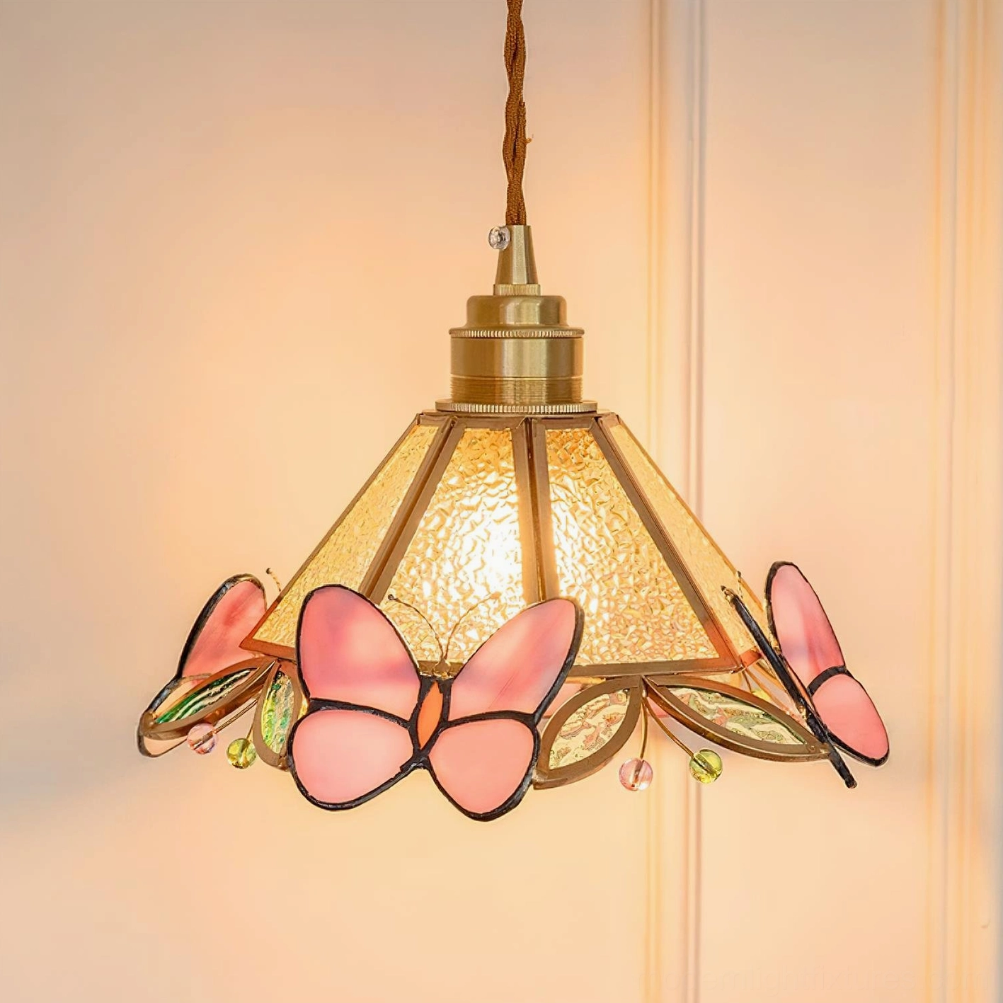 Pink Butterfly Tiffany pendant light installation and styling in modern interior space