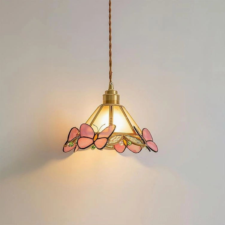 Pink Butterfly Tiffany pendant light low front view showing classic silhouette and pink butterfly trim