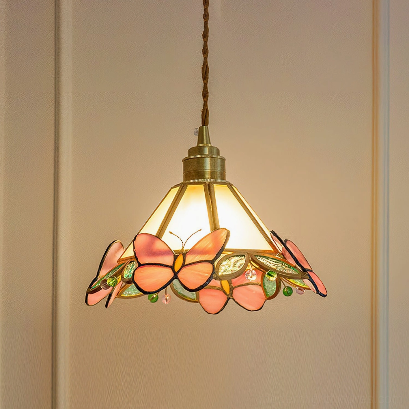 Pink Butterfly Tiffany stained glass pendant with peach-toned butterflies and clear glass panels