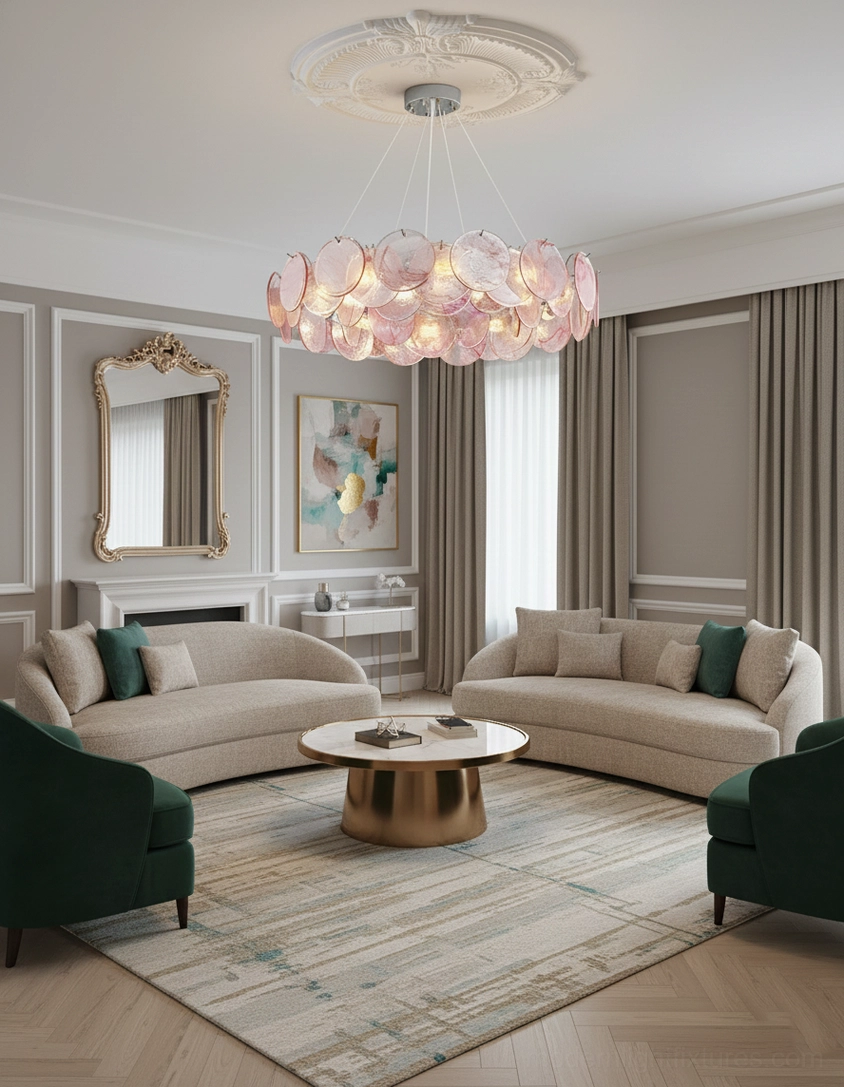 Modern pink glass disc chandelier hanging installation detail showing metal frame and suspension cables