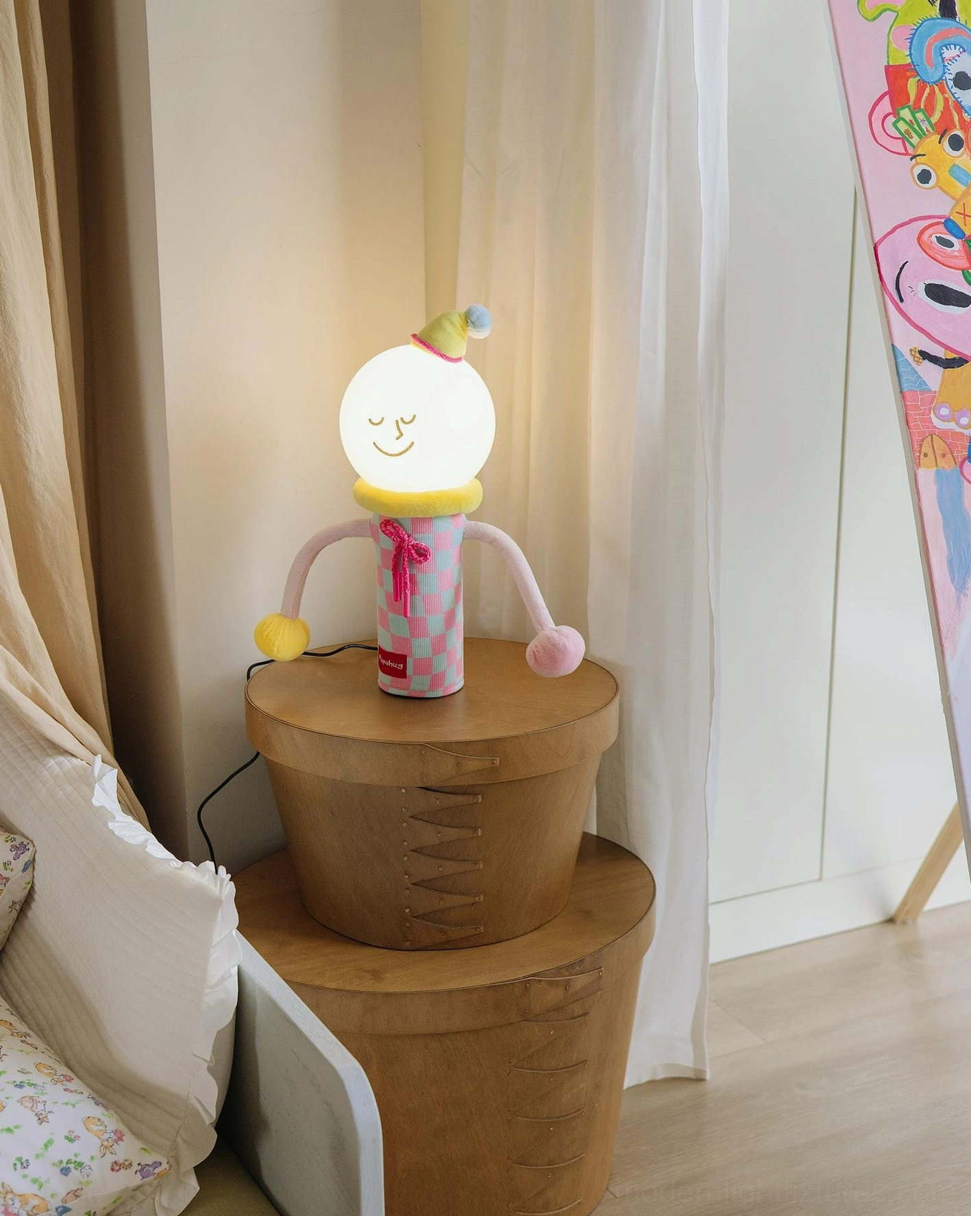Pink checkered articulated character table lamp bedside bedroom scene with poseable arms