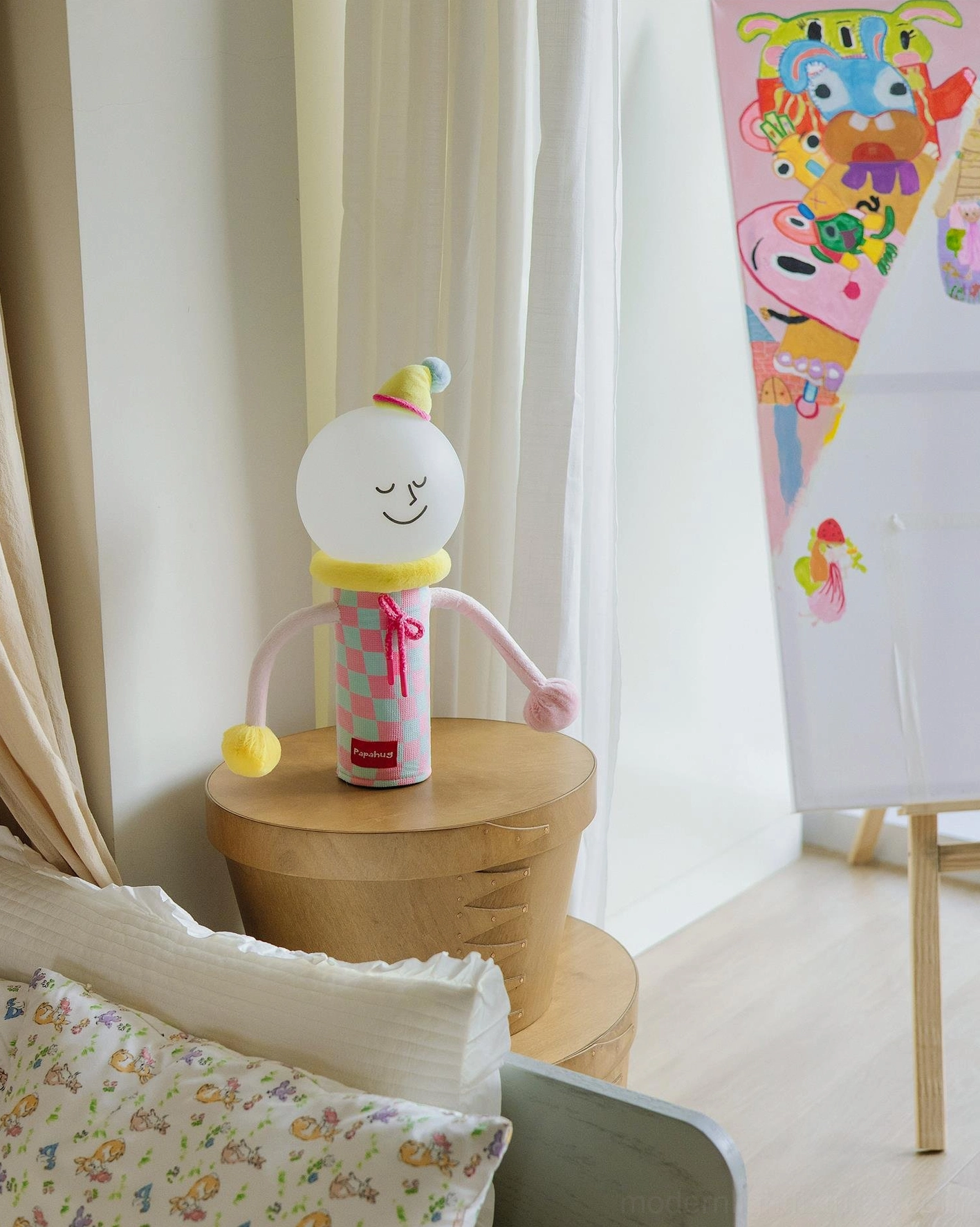 Pink checkered character lamp variant bedside wooden stool bedroom nightlight scene