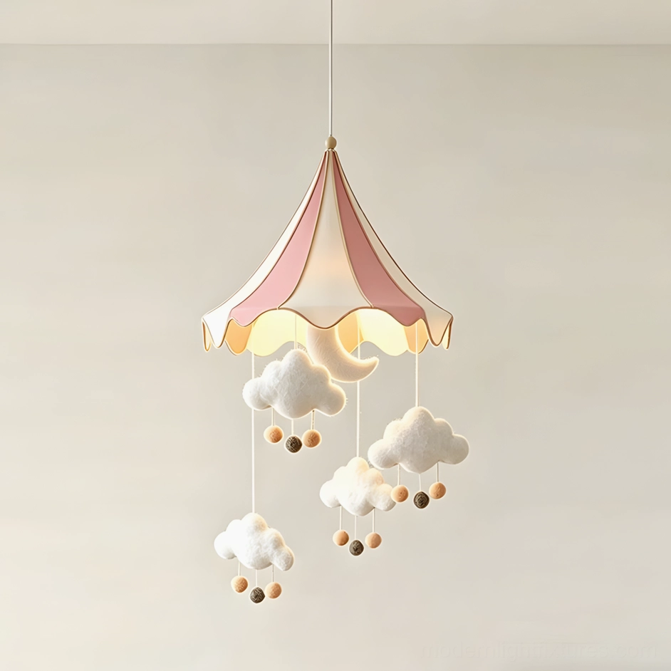 Pink striped fabric circus tent pendant light with handmade wool-felt cloud and moon danglers