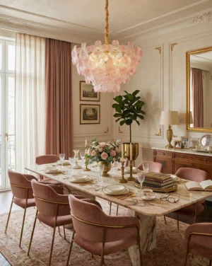Pink floral glass chandelier in French formal dining room with velvet chairs and warm neutral decor
