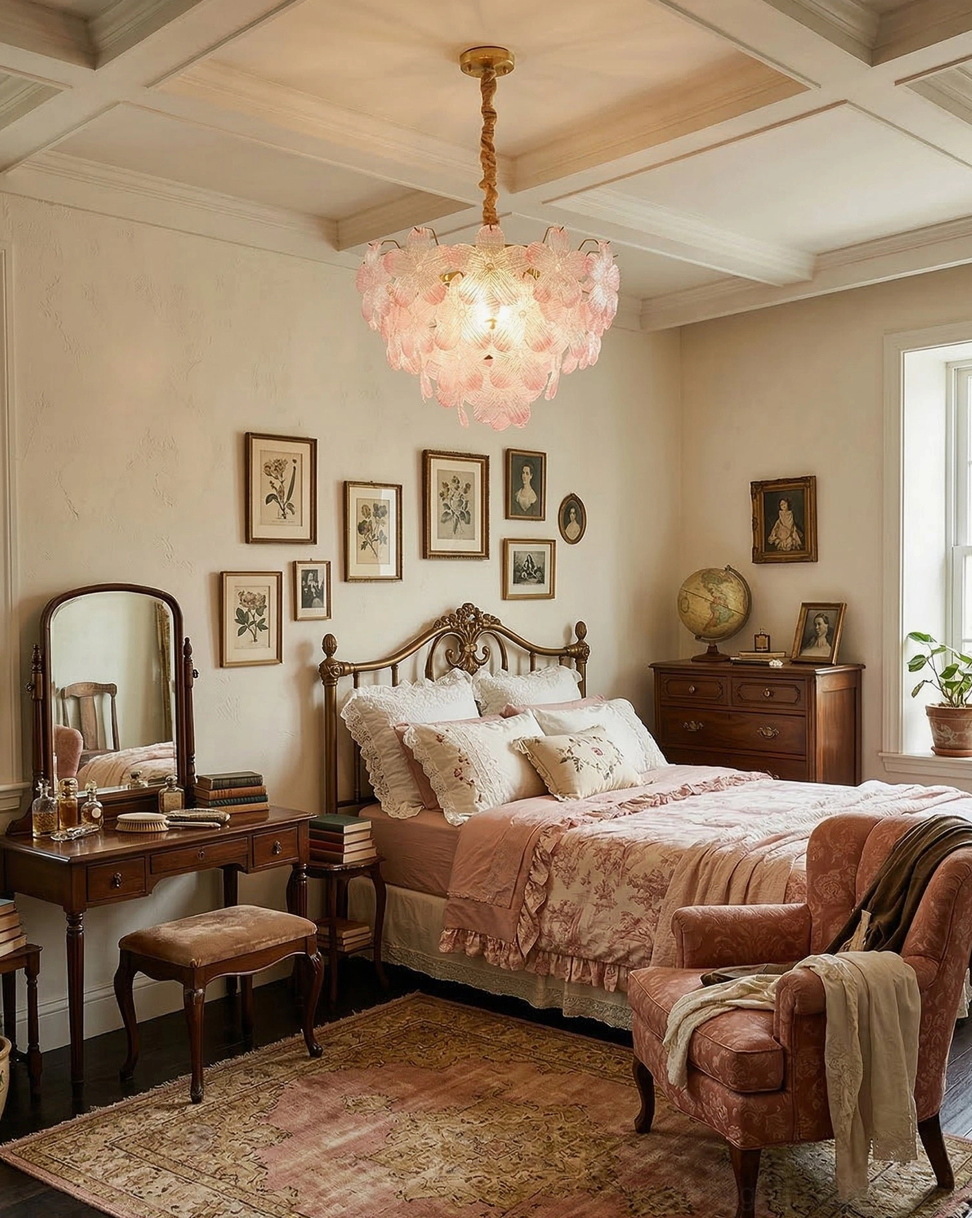 Pink floral glass chandelier in French master bedroom with vintage wooden furniture and warm tones