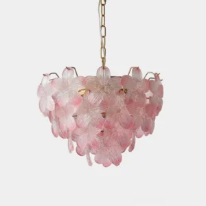 Pink floral glass chandelier front view with gold metal suspension chain, botanical petal design close-up