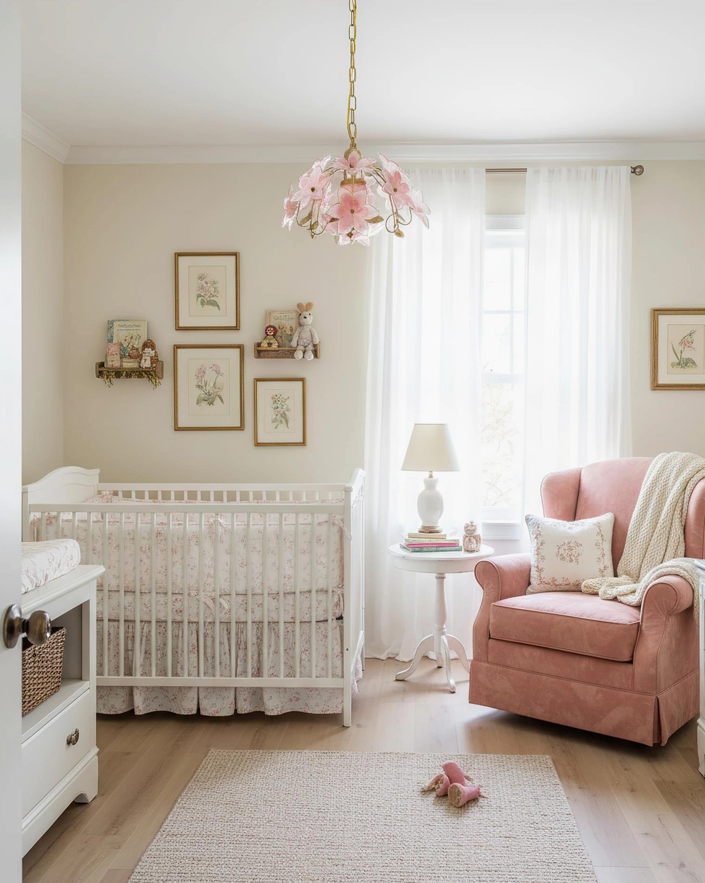 Blossira pendant light in soft feminine nursery room creating gentle romantic lighting for children
