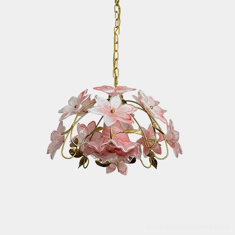 Blossira pink floral pendant light with hand-shaped Murano glass petals and brass frame, frontal studio view