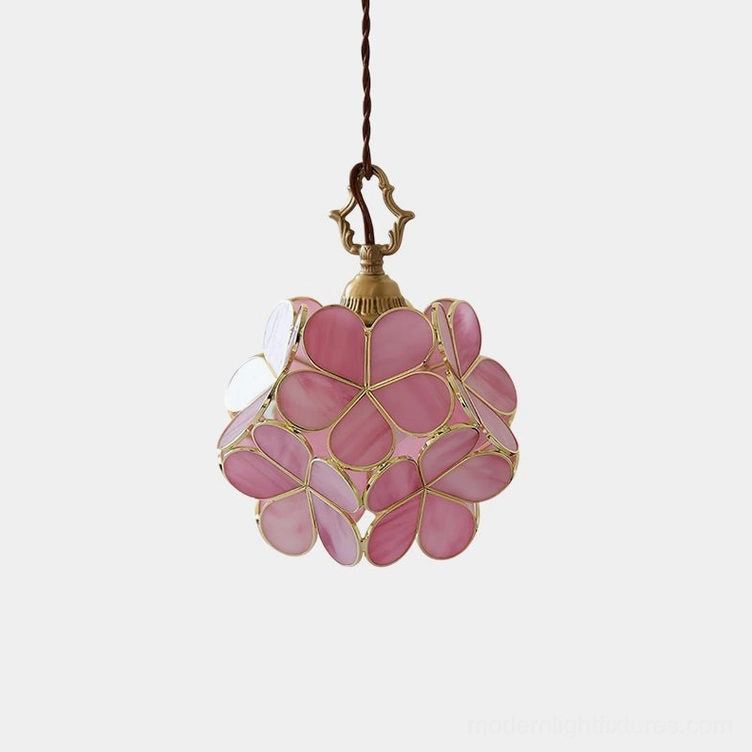 Pink floral stained glass pendant light with brass frame and twisted cord, front view showcase