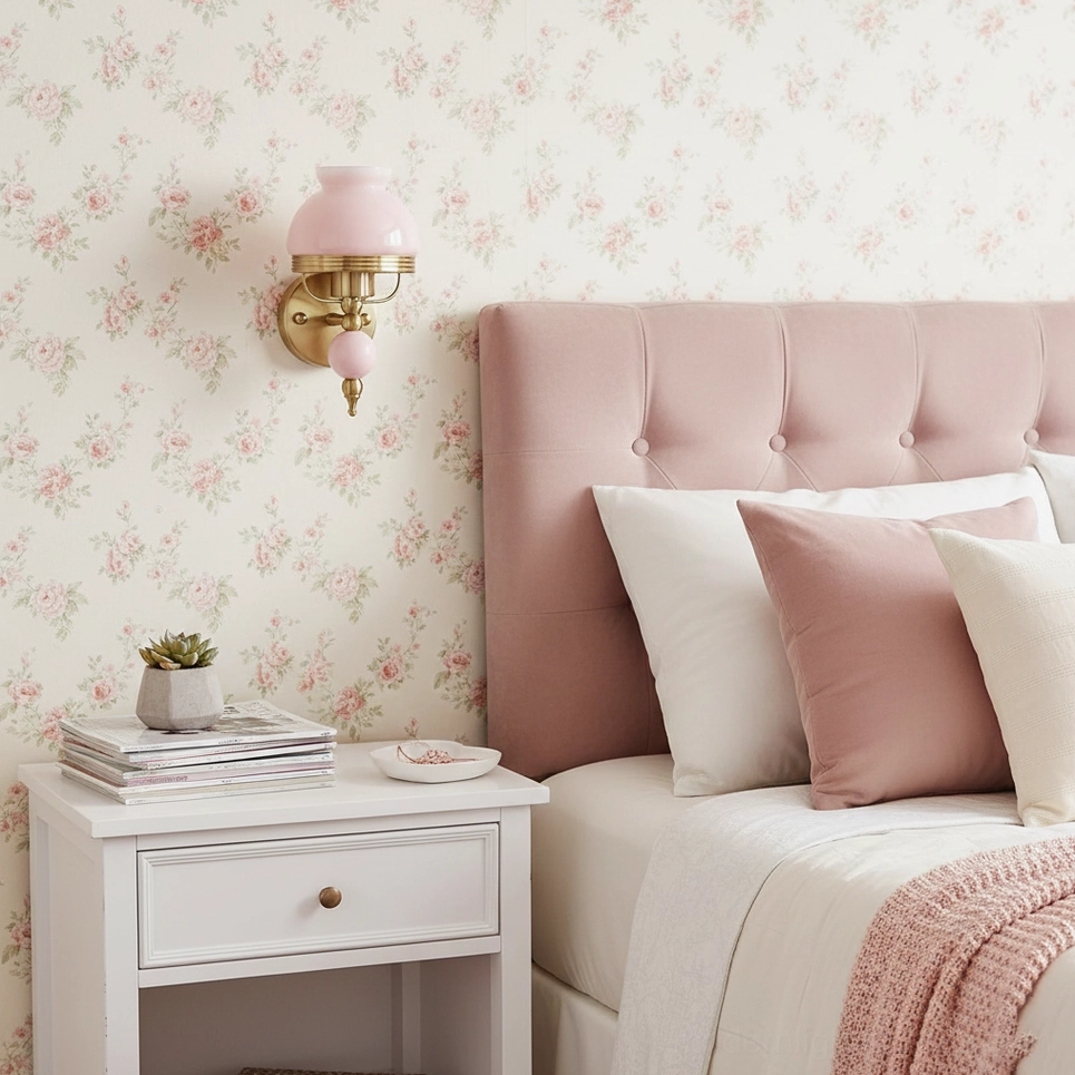 Single pink floral wall lamp in bedroom with floral wallpaper, brass gold wall sconce fixture