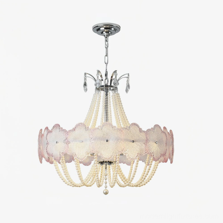 Pink flower glass pendant light 60cm medium size with petal shades and chrome hardware