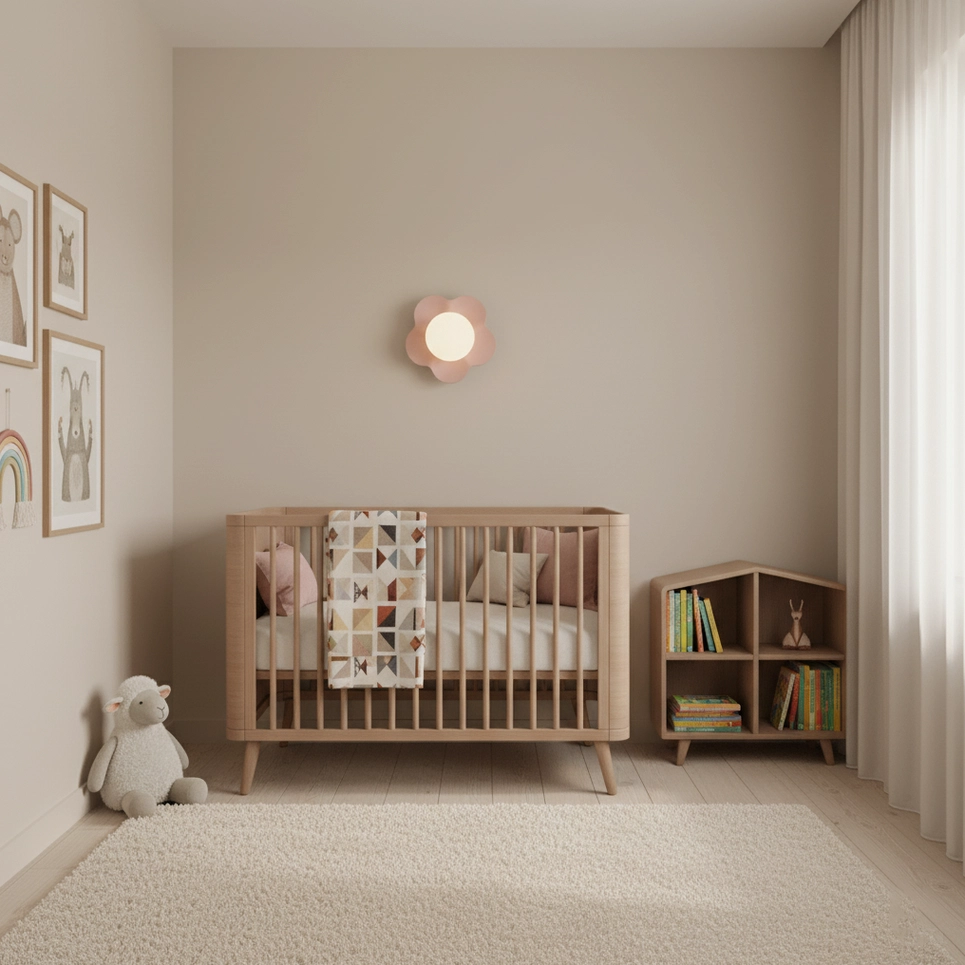Pink flower wall lamp installed above baby crib and bookshelf in nursery bedroom